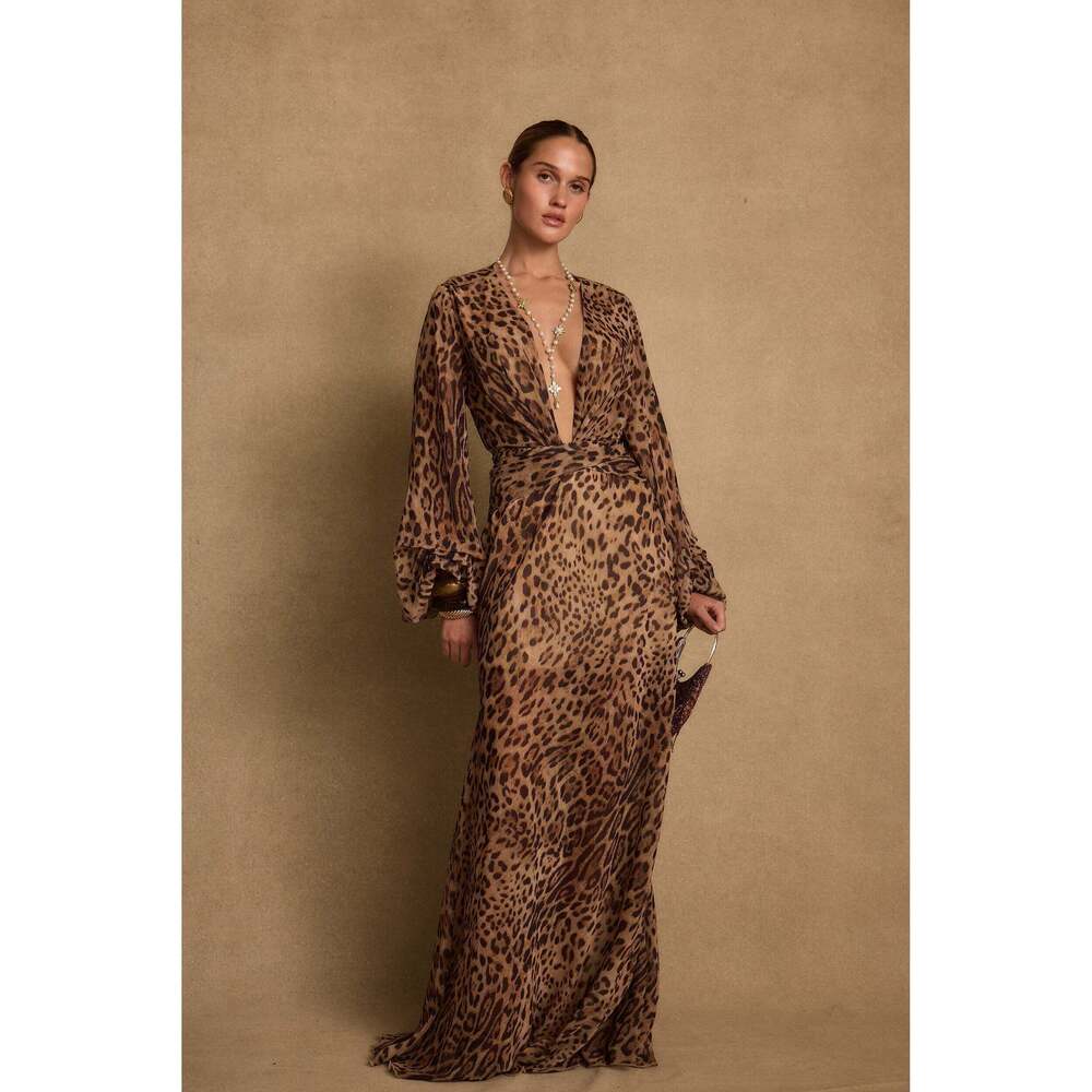 12th Tribe Karmen Leopard Plunge Long Sleeve Maxi Dress Size LL